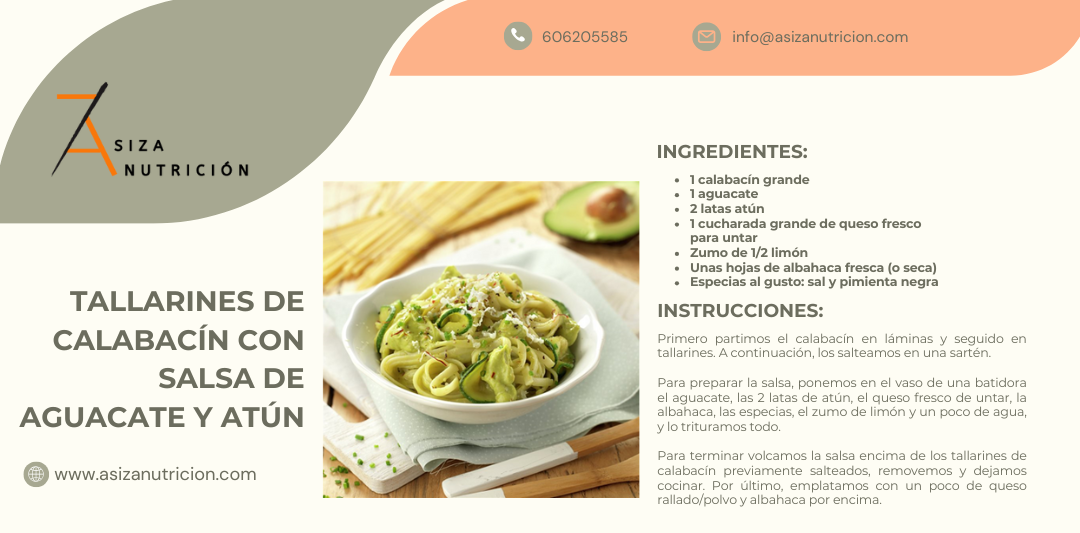 TALLARINES DE CALABACÍN CON SALSA DE AGUACATE Y ATÚN ASIZA NUTRICIÓN