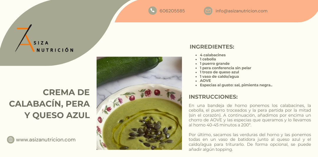 Crema de calabacín, pera y queso azul